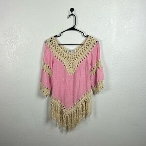 Diri Classic Women’s Pink Tan Crochet Top Fringed Hem  3/4 Sleeve Sz L Hippie